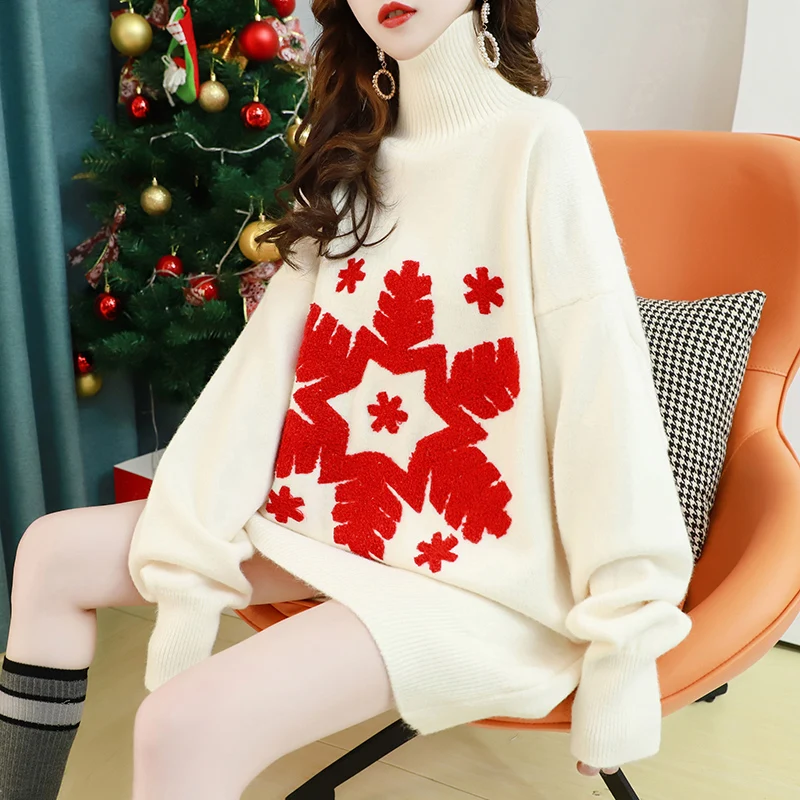 

H.SA Winter Spring Women Christmas Sweater and Pullovers Turtleneck WARM Thick Knitwear Snowflake Pull Femme Knitted Jumpers