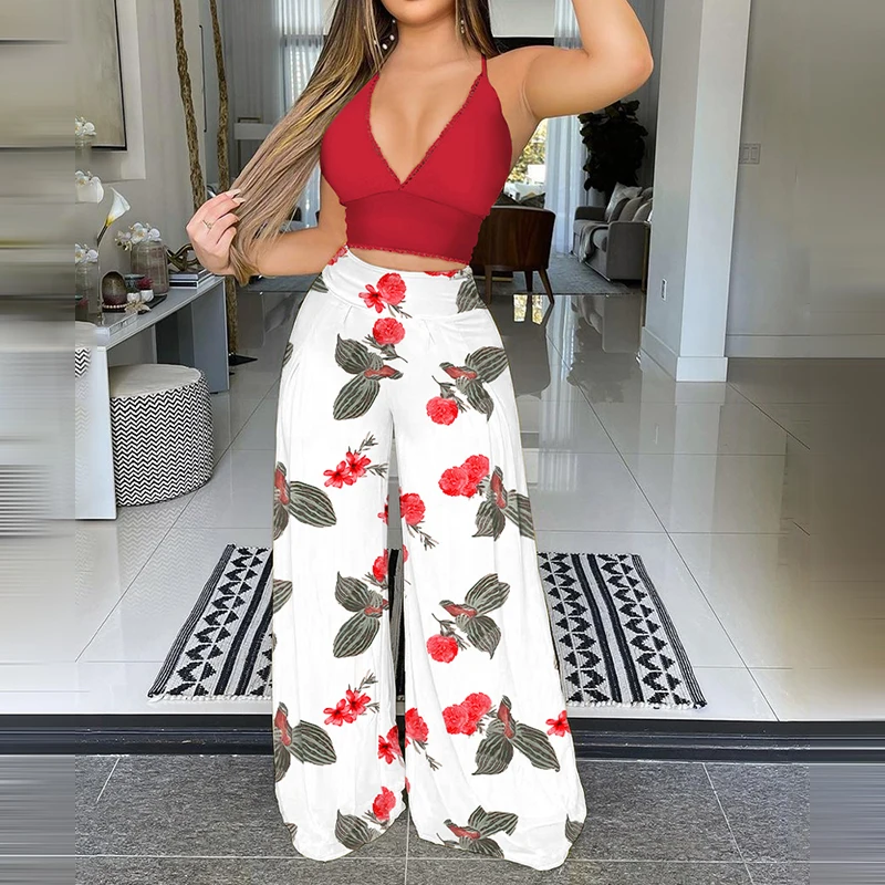 

Fashion Casual Wear Suits Set Two Piece Outfit FloralPrint Spaghetti Strap Crop Top & Wide-leg Pants Set Two Piece Set