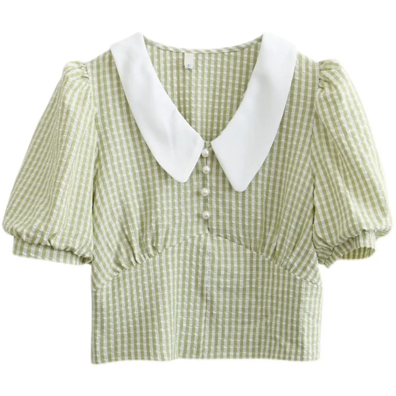 

summer women hubble-bubble sleeve shirt plaid shirt 02184#