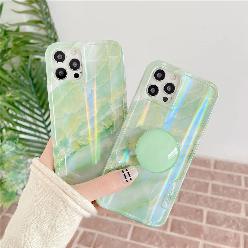 

Laser Green Marble Holder Phone Case For iPhone 12 11 Pro Max XS Max XR X 7 8 Plus SE 2020 Glossy Aurora Soft IMD Fundas Shell