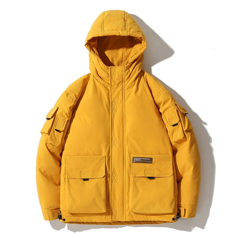 

Winter Men Down Jacket Streetwear 2021 Brand New Cargo Jacket Mens Multi Pocket Down Coats Male Fashion Thick Warm Clothing