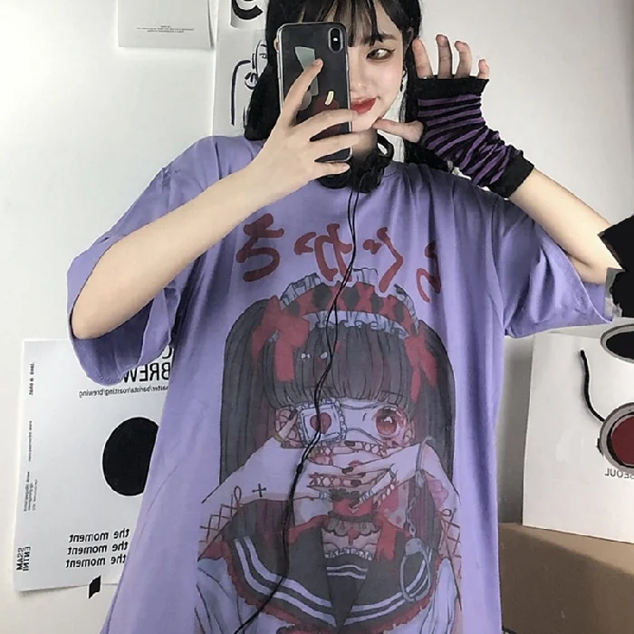 

2021 Spring Harajuku Tshirt Women Patchworked Print Punk Gothic Short sleeve T-Shirt Women Korean Clothes Camiseta mujer