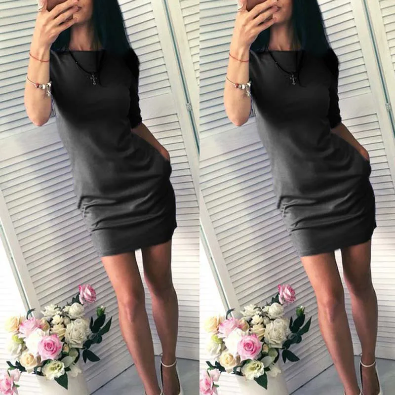 Футболка с коротким рукавом облегающее мини-платье Женские однотонные круглым