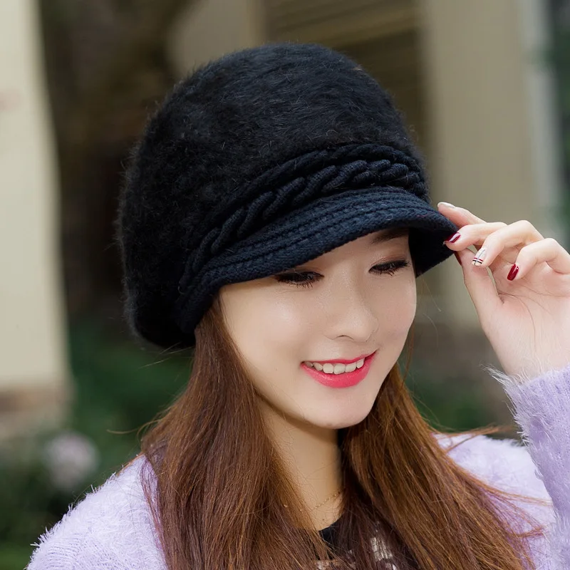 

Women's Winter New Thick Knit Hat Rabbit Fur Blend Plus Velvet Wild Outdoor Sports Cap Girl Autumn Solid Check Warm Beanie Hat