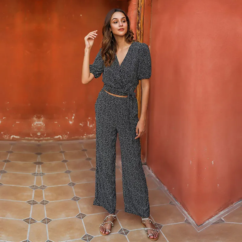 

2021 Spring Summer New Crop Top Set Women Casual Print Loose Wide Leg Trousers Tracksuit Suits Ladies Long Pant 2 pieces Sets