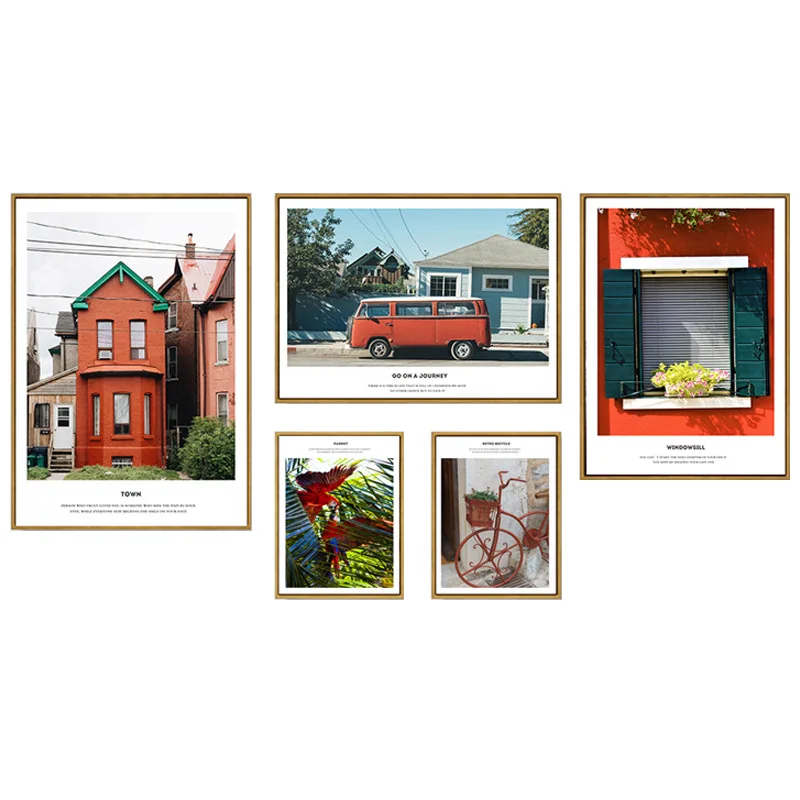 Brick Red House Parrot Car Bicycle Window Nordic Landscape Poster And Print Canvas Painting Wall Pictures For Living Room Decor | Дом и сад