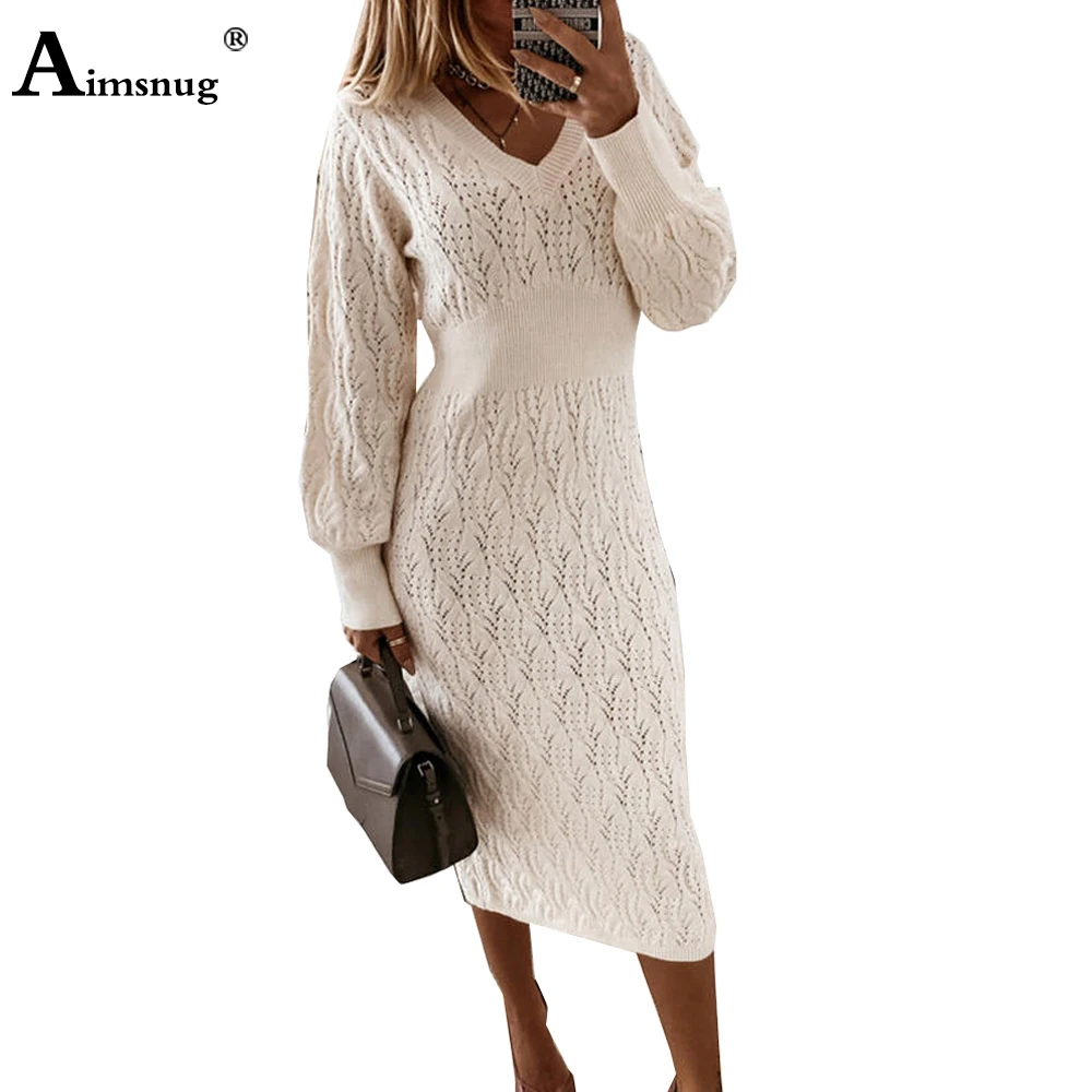 

Женское облегающее платье с рукавами-фонариками, винтажное трикотажное платье до середины икры, уличная одежда для девочек, зимние теплые п...