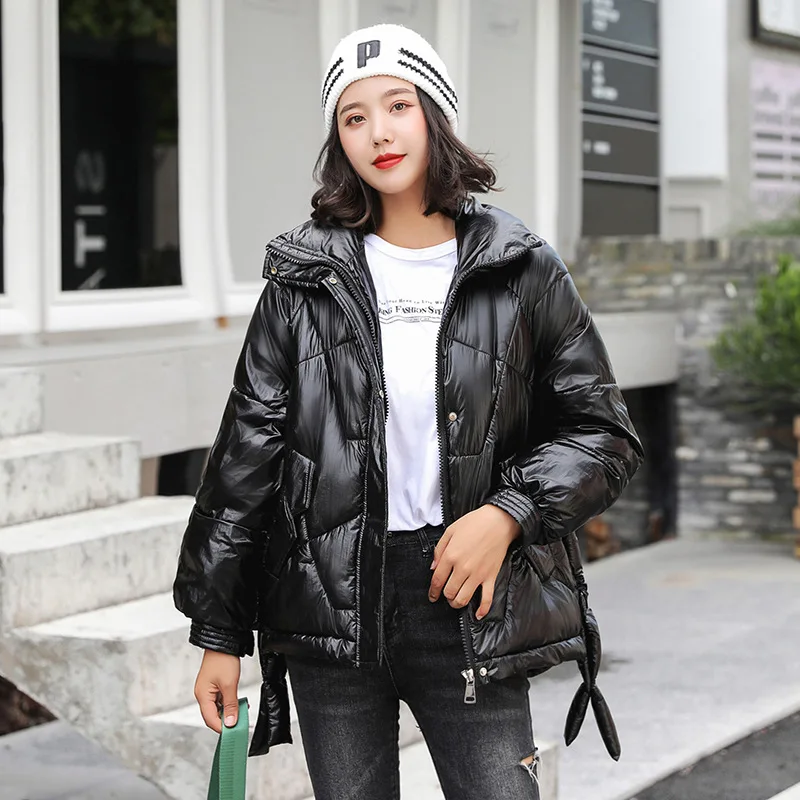 Fashion Ribbon Glossy Parka Women Winter Jacket Cotton Padded Warm Thicken Stand Collar Short Coats Womens Jackets | Женская одежда