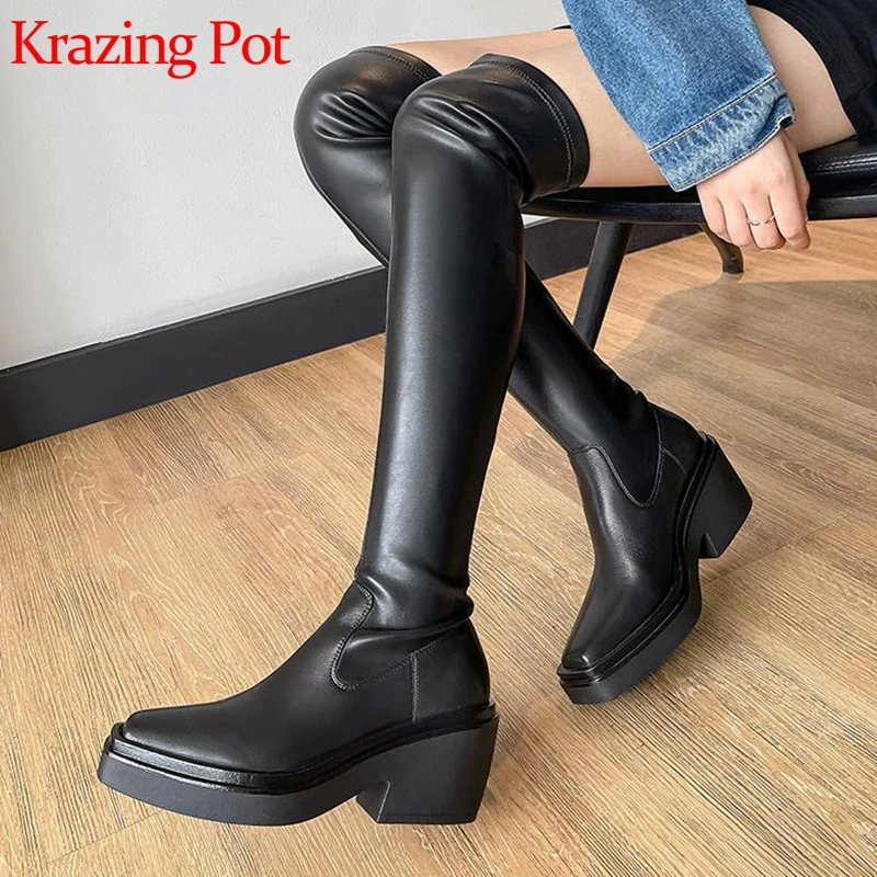 

Lenkisen cow leather winter keep warm knight boots square toe slip on style high heels European chic over-the-knee boots l6m