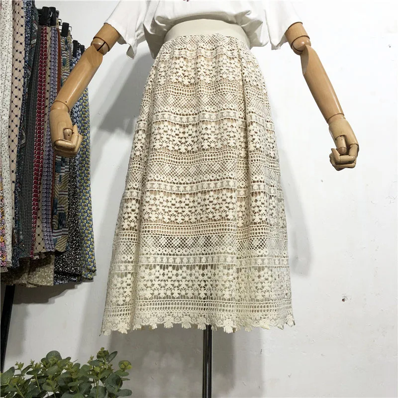 

Водорастворимая кружевная юбка, Женская Осенняя ажурная вязаная юбка в стиле Хепберн, средней длины, маленькая трапециевидная юбка выше ко...