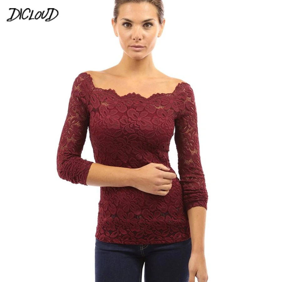Элегантная кружевная блузка женская модная с длинным рукавом и вырезом лодочкой