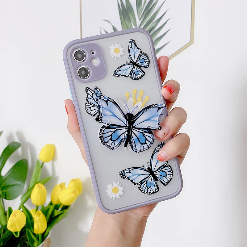 

Blue Butterfly Skin Feel Bracket PhoneCase For iPhone 12 Mini 11 Pro Max X XS MAX XR 7 8 plus 2020 SE Animal Holder Phone Case