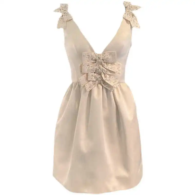 

DEAT 2021 New Women Fashion Slim V-neck Sleeveless Patchwork Folds Diamond Bow High Waist Dress Summer And Autumn 7E2238