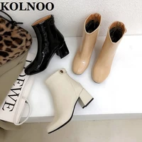 kolnoo new style handmade ladies 6cm thick heel boots patent leather party prom ankle boots large size 34 50 fashion black shoes