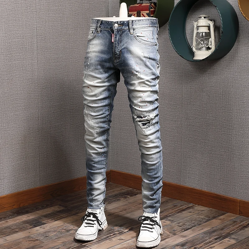 Streetwear Fashion Men Jeans Retro Gray Blue Elastic Slim Fit Ripped Jeans Men Korean Style Splashed Designer Casual Denim Pants