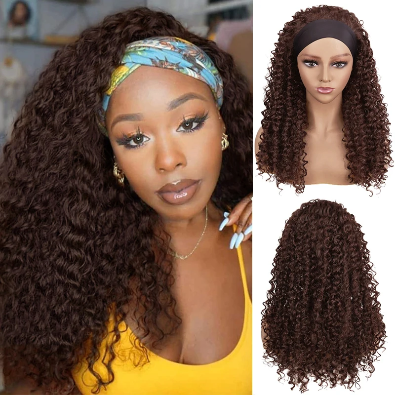 

LINGHANG Long Kinky Curly Headband Wigs For Afro Black Women 18 Inch Synthetic Wig Glueless Daily Wig With Headband