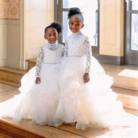 princess white long sleeve lace flower girl dresses weddings high neck tier ruffles beaded belt long kids toddler communion gown