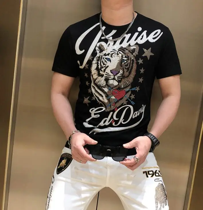 

Футболка с бриллиантами в европейском стиле, футболка с бриллиантами, Мужская облегающая футболка с тигром и коротким рукавом, 100% хлопок, вы...