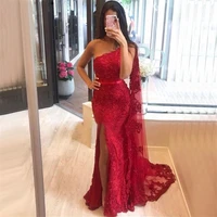 champagnedark red one shoulder mermaid sexy evening dressese appliques lace beads formal prom dress 2020 hot sale