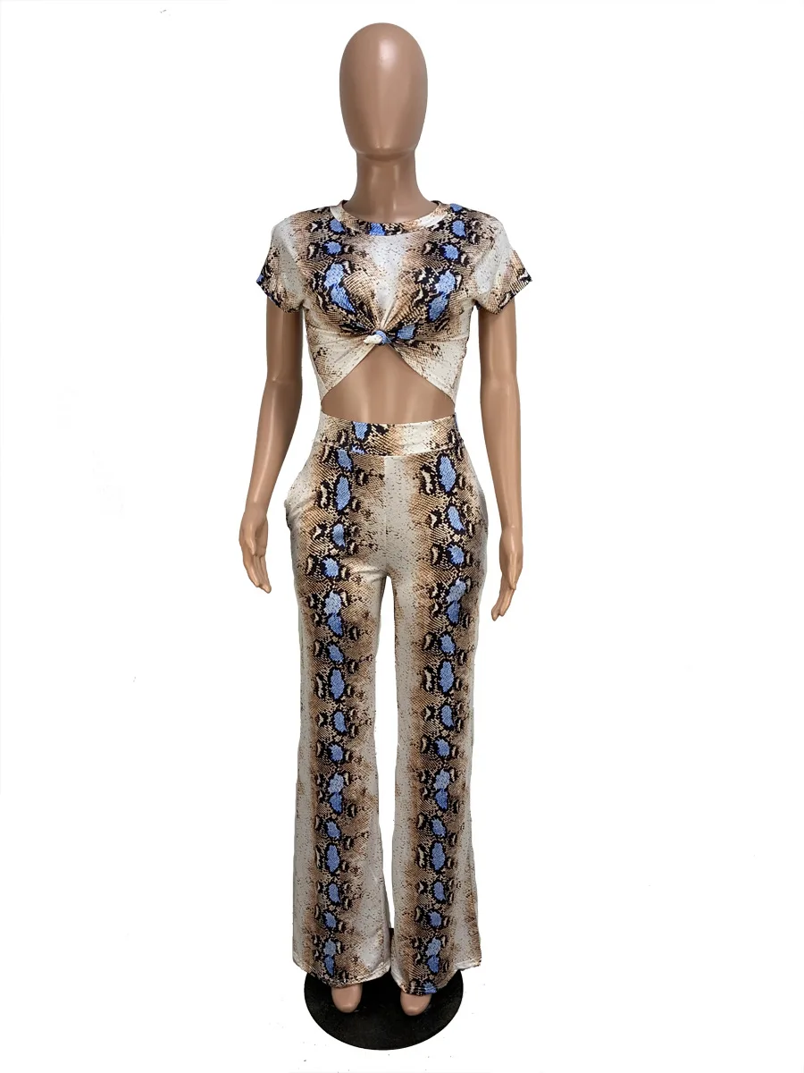 women sexy Outfits tracksuit Summer Snake skin Print Crop Top two pieces Sets Sportswear casual fashion Bandage SM7192