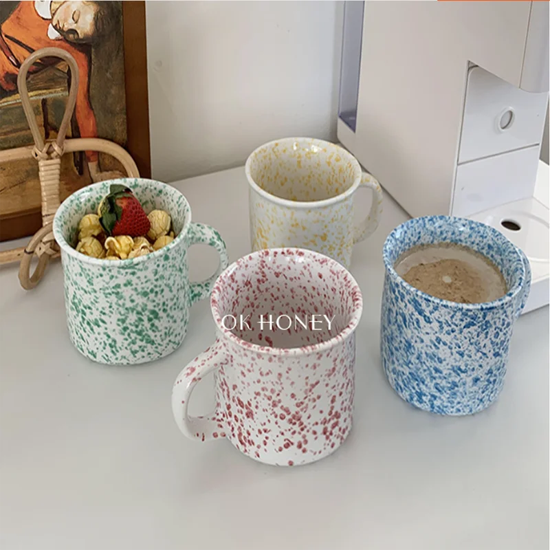 

Korean Coffee Porcelain Color Ink Point Ceramic Mug Breakfast Water Cup Lovers Simple Japanese Style