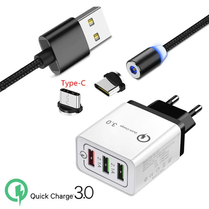 EU charger and cable Магнитный кабель для samsung Note 10 S9 S8 A60 A30 Oppo Reno Z OnePlus 5 6 7 Pro type C Магнитный зарядный провод QC 3,0 USB быстрое зарядное устройство - Тип штекера: EU charger and cable