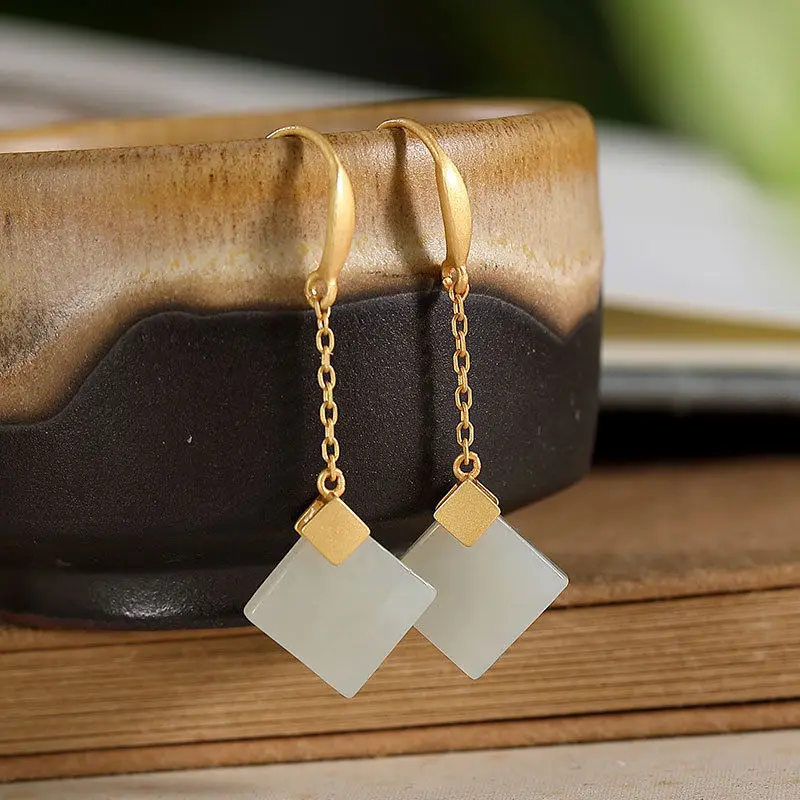

Palace Style Hetian Jade Geometric Earrings S925 Sterling Silver White Jade Square Long Earrings Fashionable Earrings