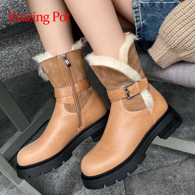 

krazing pot genuine leather fur round toe med heel snow boots Northern Europe winter keep warm classic cozy mid-calf boots L08