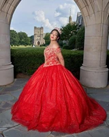 gliiter sequins princess red quinceanera dresses for sweet 15 year sexy sweetheart backless ball gown puffy golden lace for prom