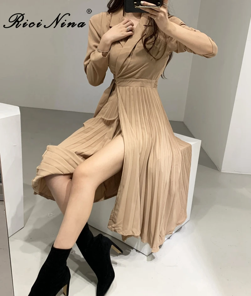 RICININA платье-рубашка женское осень 2019 Бандажное с разрезом одноцветное корейский