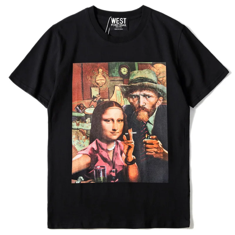 

mona lisa and van gogh character print men's t-shirt