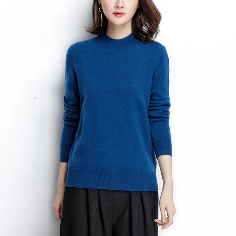 YJMY Inner Mongolian Cashmere Sweater Women Jumper Ribbed Crewneck Cuffs Hem Spring Autumn Knit in Slava Store - Цвет: Blue