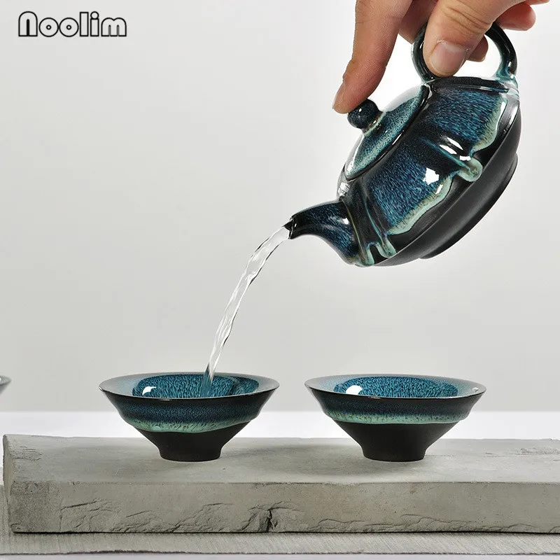 Портативный синий глазурованный чайник с ручкой ручной работы для воды кунг-фу
