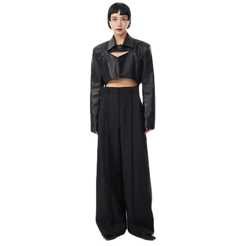 

Women Black Pleated Long Wide Leg Casual Pants Capris Women's High Waist Trousers New Loose Fit Fashion Tide Spring Autumn 2021