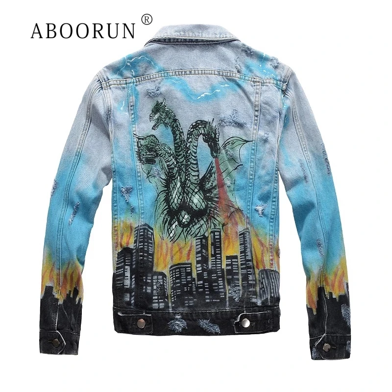 

ABOORUN Для мужчин ручная роспись с рисунком дракона джинсовая куртка уличная рваные Джинсовое пальто Высокое качество