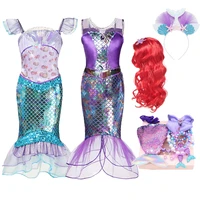 kids girls princess ariell dress mermaid costume sleeveless ruffle mesh dress hair hoop wig set children christmas party dress
