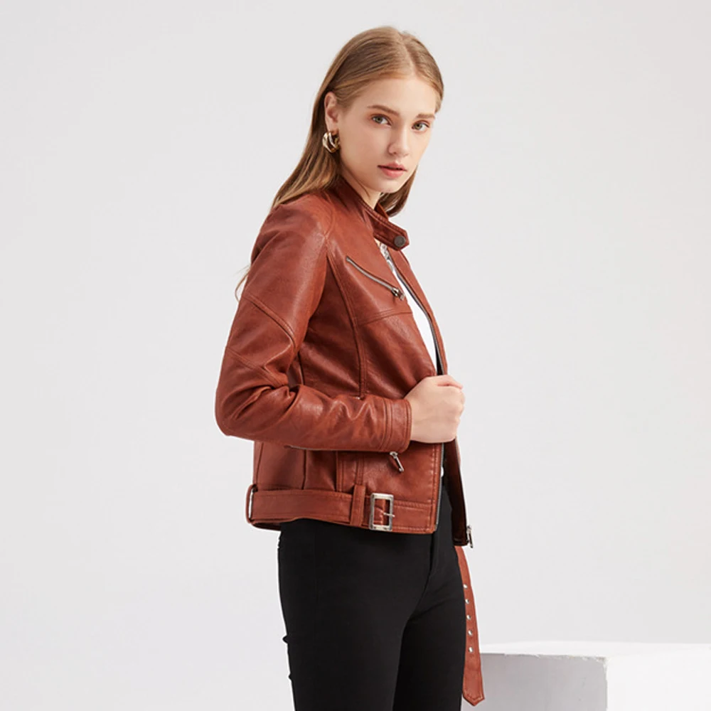 

2021 Sping Autumn Faux Leather Letter Imprint Jackets Women Slim Stand Neck Belt Short Motorcycle Jacket Female PU Outerwear