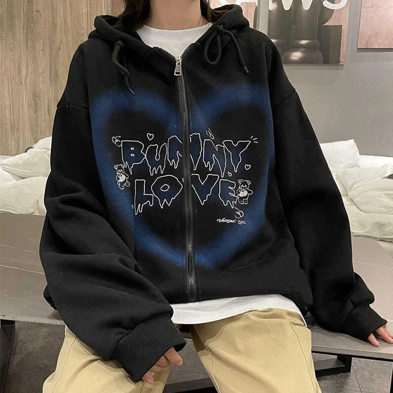 

Jacket Sweatshirt Fashion Winter Women's Clothing 2021 Ins Cartoon Print Hoodie Black Grunge Long Sleeve Zipper Hoodie Goth Top