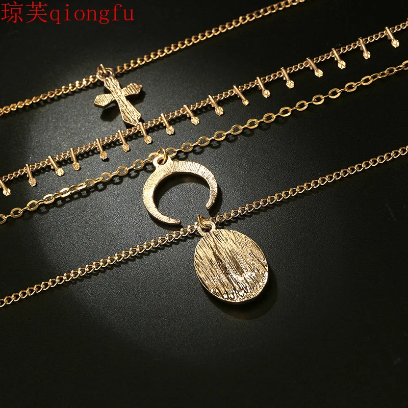 

2021 Fashion New Retro Ethnic Style Exaggerated Multilayer Necklace Simple Cross Moon Oval Pendant Ladies Necklace Copper Alloy
