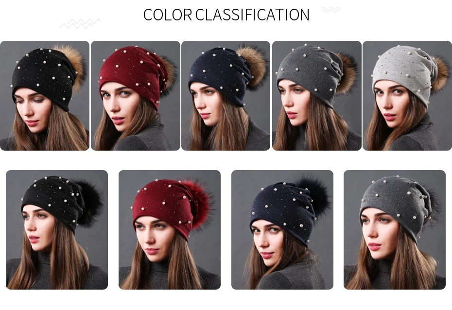 New Women's Pearls Beanies Winter Causal Solid Rhinestone Pearl Slouchy Beanies Hat with Raccoon Fur Pompom Femme Black Cap