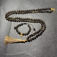 8mm natural smoky quartz beaded knotted mala necklace meditation yoga healing jewelry bracelet set 108 japamala lotus rosary