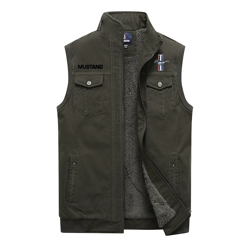 

Mustang Logo autumn and Winter Thick Warm Cotton Vest for Mens Casual Multi Pocket Sleeveless Baggy Jacket Mens Printed vest