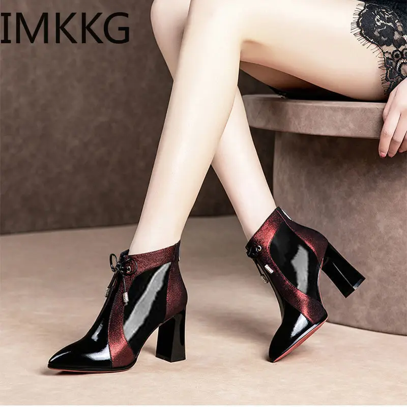 Новое поступление 2019 модная обувь женские Ботинки Ботильоны из лакированной