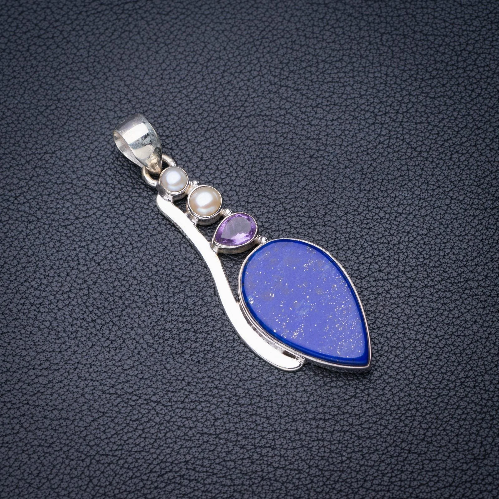

StarGems Natural Lapis Lazuli River Pearl And Amethyst Handmade 925 Sterling Silver Pendant 2.25" E4006