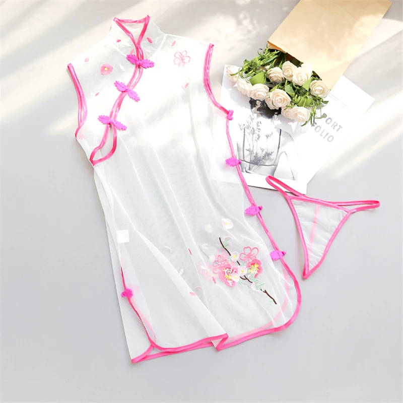 Сладкий китайский Cheongsam Babydoll сексуальное женское белье с цветочной вышивкой