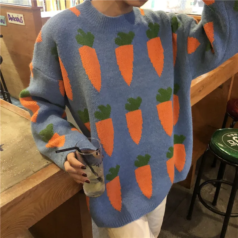 

Cute Sweater Women 2020 Winter Korean Style Kawaii Carrot Pattern Casual Oversized Long Sleeve Knitted Pullover Jumper Tops