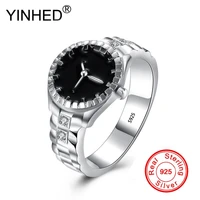 yinhed new fashion lovers ring black enamel watch style cubic zircon ring for women sterling 925 silver jewelry gift zr618
