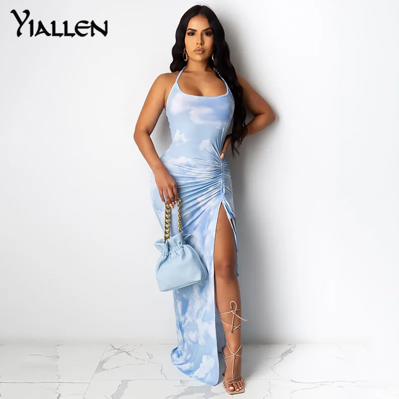 

Yiallen Summer Sexy Tie dye Hollow Out Halter Slim Dresses Women Summer New Beach Vacation Seaside Holiday Length Dresses Hot