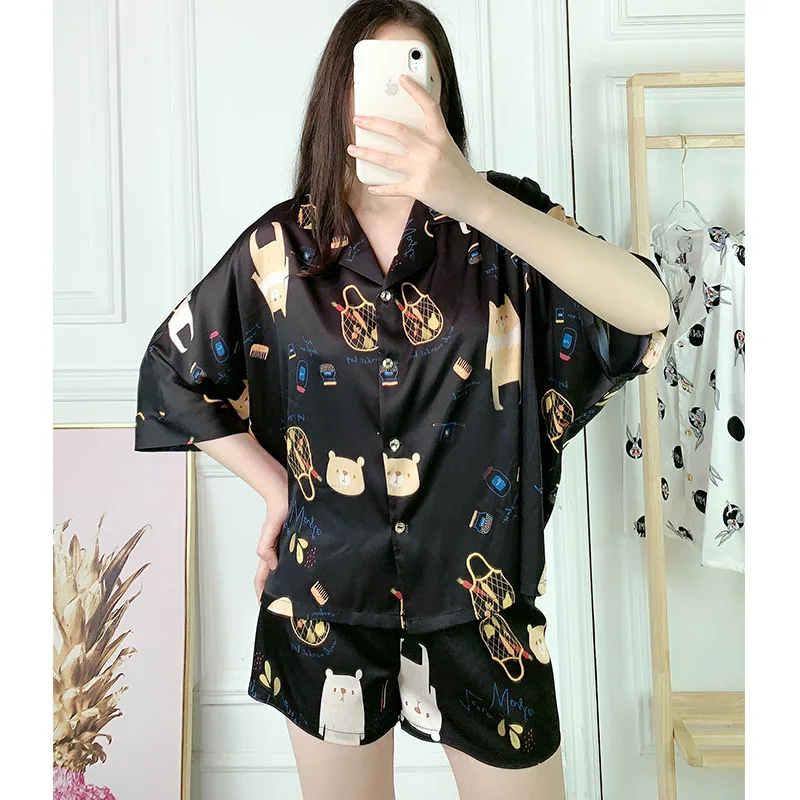 Пижама женская атласная шифоновая с коротким рукавом комплект для сна из 2