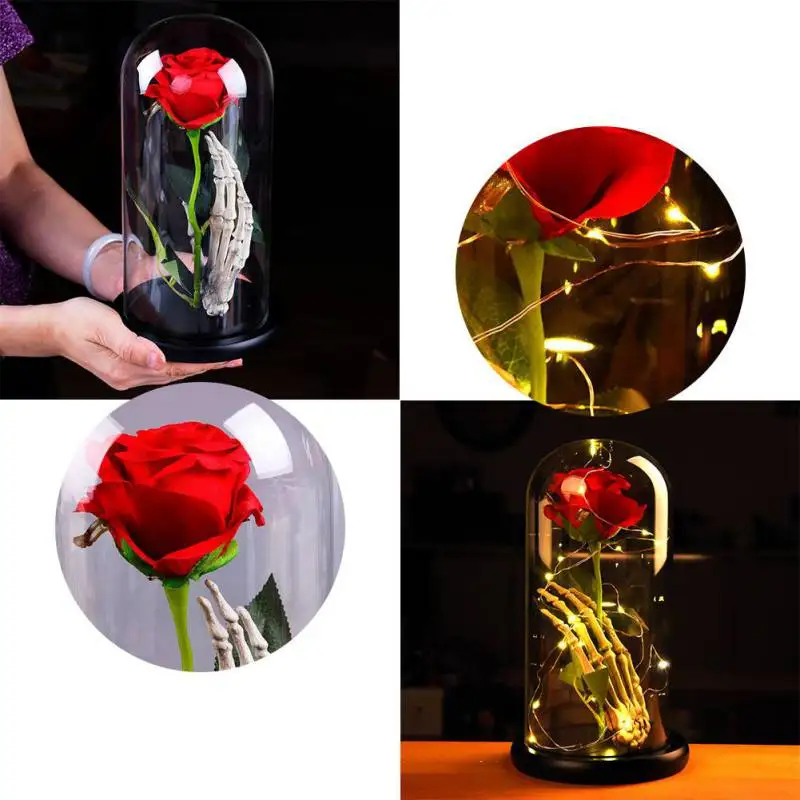

New Romantic Figurine Artificial Rose with Lampshade Valentine's Day Wedding Rose Gifts with Skeleton Hand Wooden Base Home